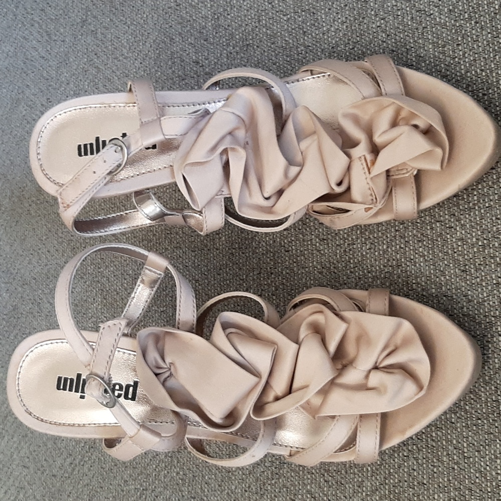 Never worn. Women's Unlisted Tan/Beige Open Toe High Heel Ruffle Heels, Sz 7.5 M